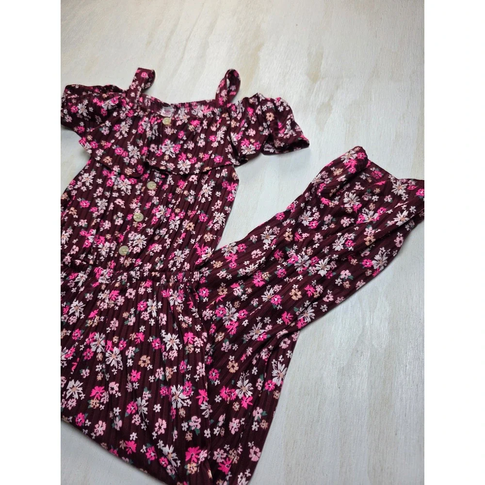 Justice Girls Floral Jumpsuit Burgundy Cold Shoulder Ruffle Wide Leg Size 7/8 S